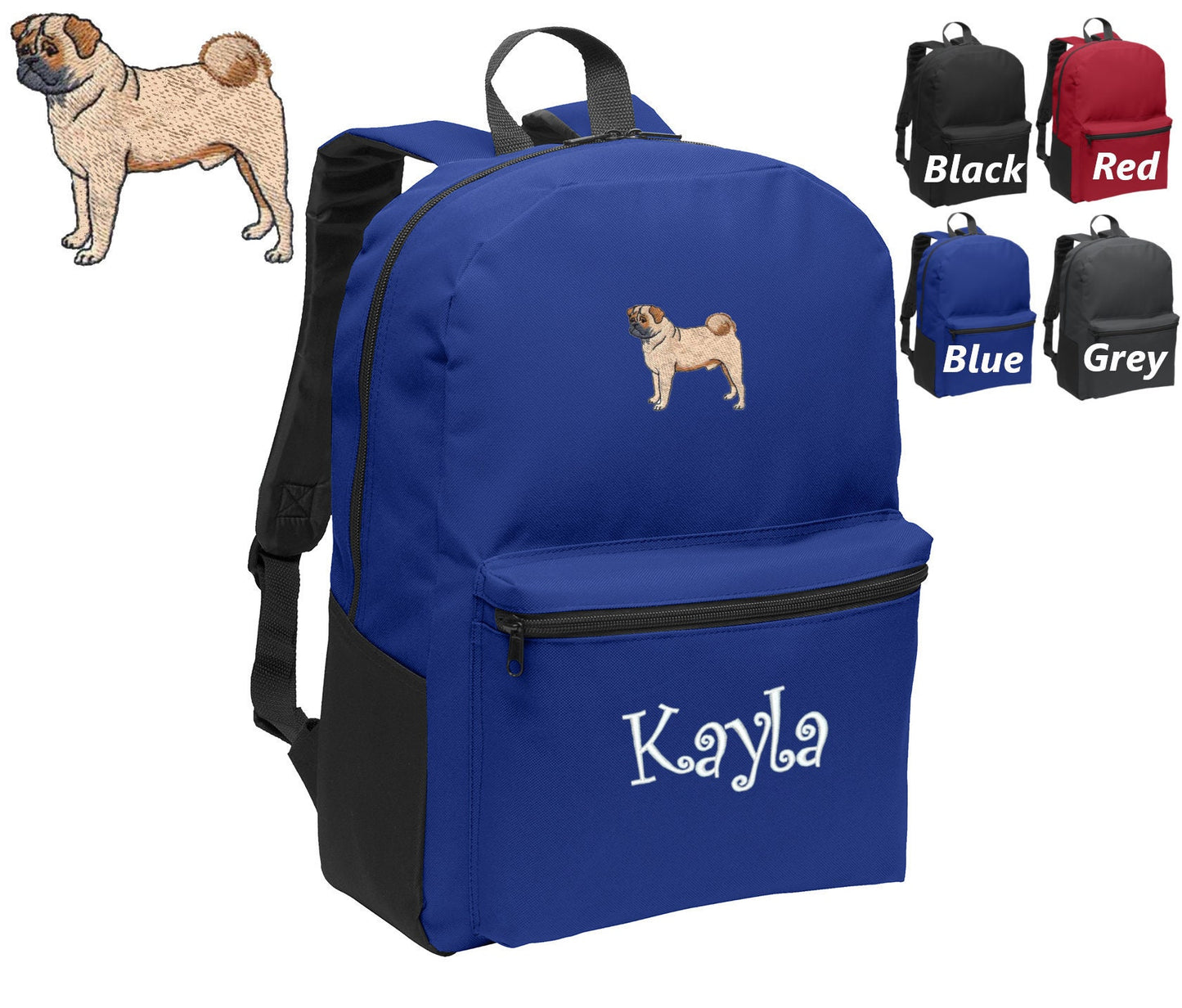 Personalized Kids Backpack Embroidered Pug Dog Monogrammed with Name of Your Choice Perfect Kids School Gift