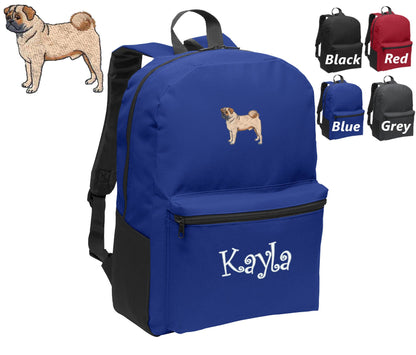 Personalized Kids Backpack Embroidered Pug Dog Monogrammed with Name of Your Choice Perfect Kids School Gift