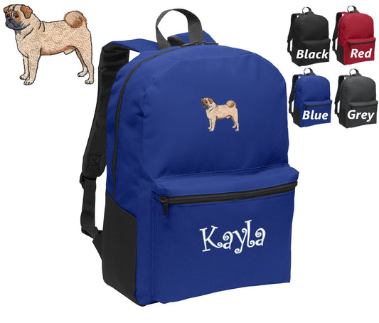 Personalized Kids Backpack Embroidered Pug Dog Monogrammed with Name of Your Choice Perfect Kids School Gift