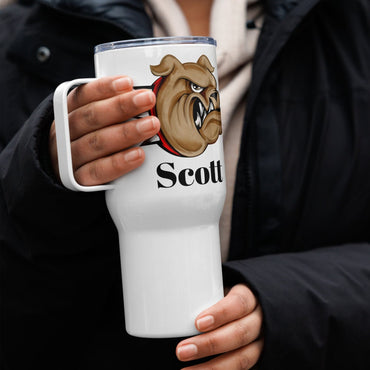 Custom Angry Bulldog Dog Travel Mug Tumbler with Handle, Stainless Steel BPA-free plastic Cup, 25 Ounce Mug, Dad Mom Dog Lover Gift