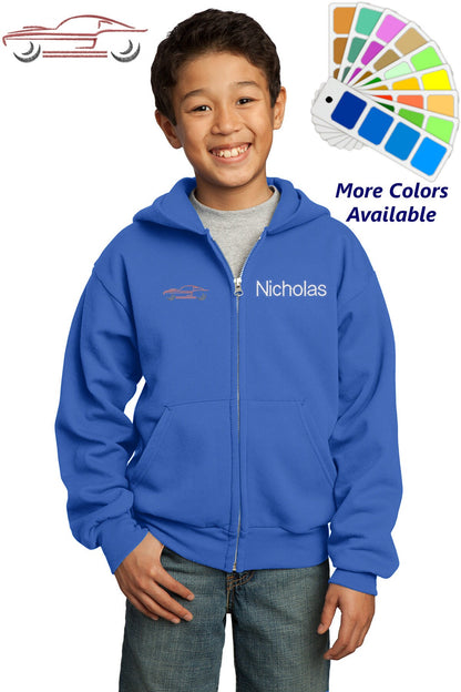 Personalized Kids Hoodie Sweatshirt Zipper Embroidered Sports Car Mustang Design with a Name of Your Choice