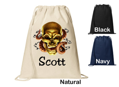 Personalized Goth Skull Snake Design Cinch Pack, Drawstring Gym School Pool Backpack, Printed Monogrammed Custom Name, Perfect Gift