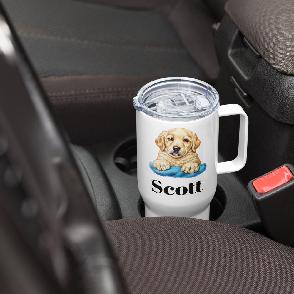 Custom Golden Retriever Puppy Dog Travel Mug Tumbler with Handle, Stainless Steel BPA-free Cup, 25 Ounce Mug, Dad Mom Dog Lover Gift