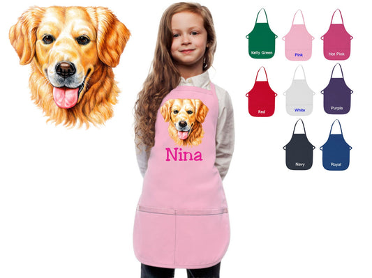Personalized Kids Apron Golden Retriever Dog Design, Monogrammed Chef Gift, Chef Gift, Cooking Party, Art Party, School Aprons Printed Apron