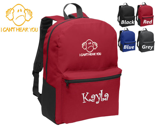 Personalized Kids Backpack Embroidered I Can't Hear You Emoji Monogrammed with Name of Your Choice Perfect Kids School Gift