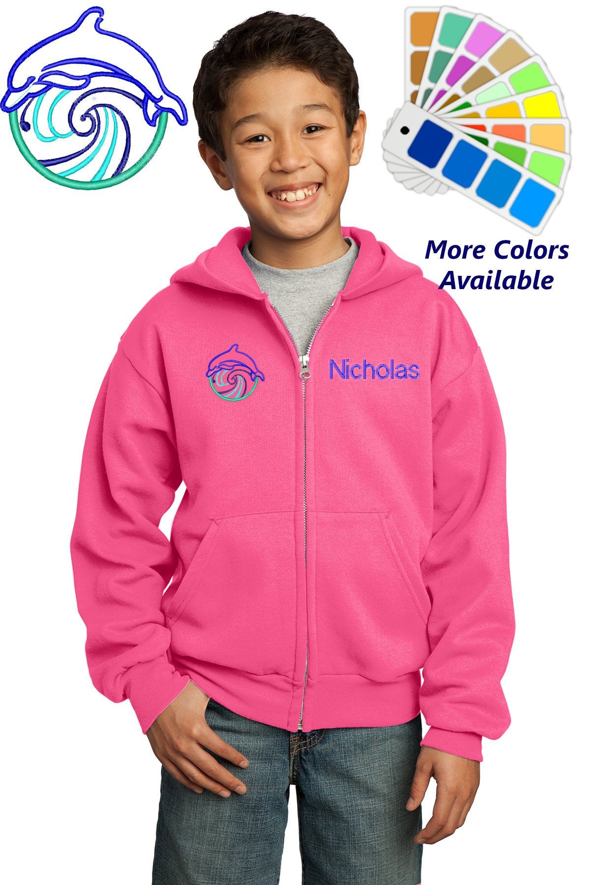 Personalized Kids Hoodie Sweatshirt Zipper Embroidered Dolphin Wave Design with a Name of Your Choice