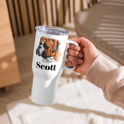 Custom Boxer Dog Travel Mug Tumbler with Handle, Stainless Steel BPA-free plastic Cup, 25 Ounce Mug, Dad Dog Lover Gift