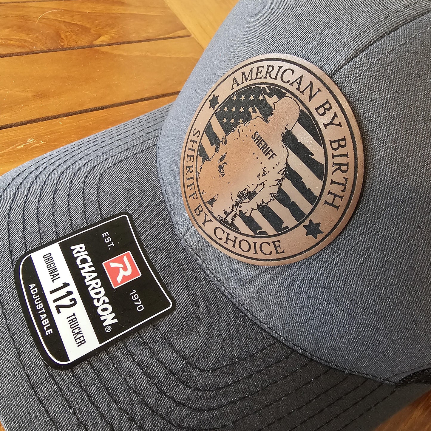 Sheriff Leather Patch Trucker Hat, Richardson 112, Police LEO Gift, American Hat, Deputy Gift, Husband Gift, Laser Engraved