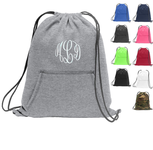Monogrammed Cinch Pack, Sweatshirt Fleece, Drawstring Gym School PE Pool Backpack, Embroidered Custom Initials, Kids School Gift