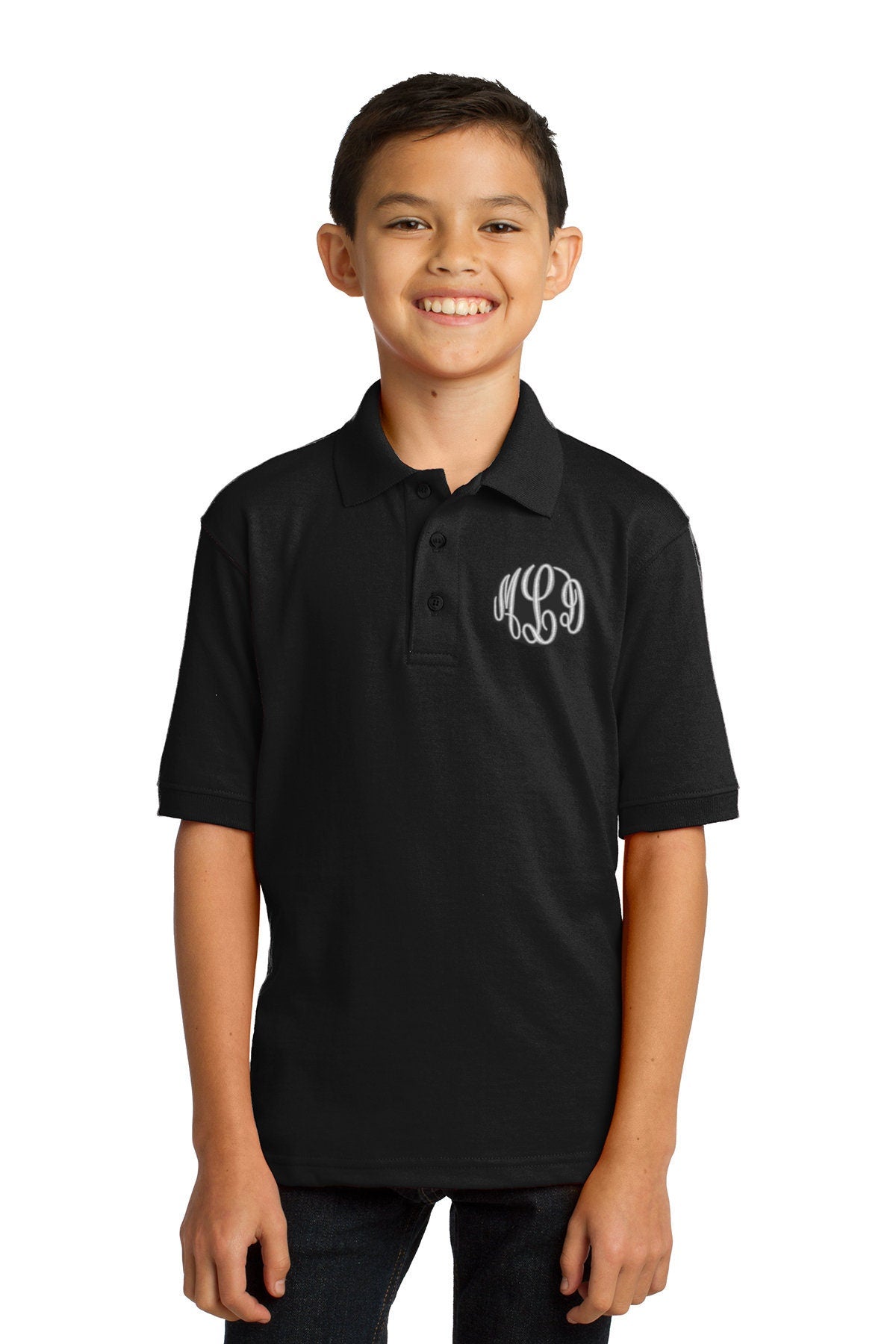 Monogrammed Kids Black Polo Shirt Embroidered with Initials of Your Choice