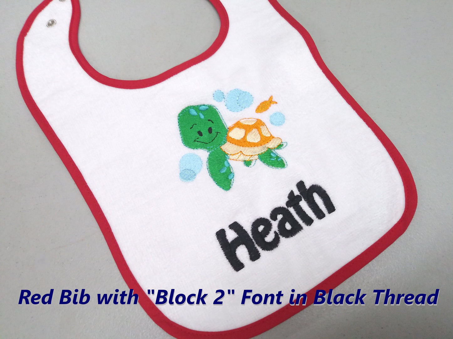 Personalized Baby Bib White Cotton Terry with Contrast Trim Baby Turtle Fish Design for Boy or Girl Embroidered Name