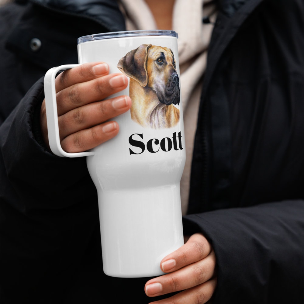 Custom Great Dane Dog Travel Mug Tumbler with Handle, Stainless Steel BPA-free Cup, 25 Ounce Mug, Dad Mom Dog Lover Gift