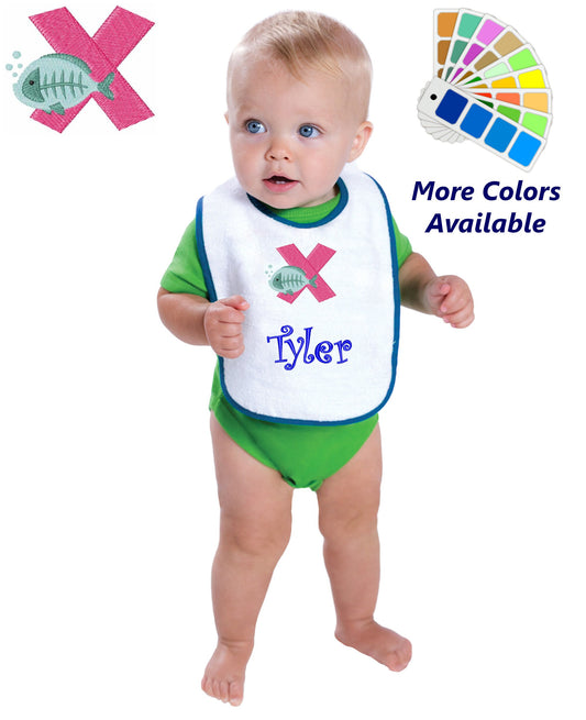 Personalized Baby Bib, White Cotton Terry with Contrast Trim, Letter X, Alphabet, X Ray Fish Design, for Boy or Girl, Embroidered Name