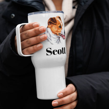 Custom Jack Russell Terrier Dog Travel Mug Tumbler with Handle, Stainless Steel BPA-free Cup, 25 Ounce Mug, Dad Mom Dog Lover Gift