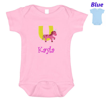 Personalized Baby Onesie Pink Blue Embroidered Letter U Unicorn Newborn One Piece Body Suit Baby Shower Gift Monogrammed Your Baby's Name
