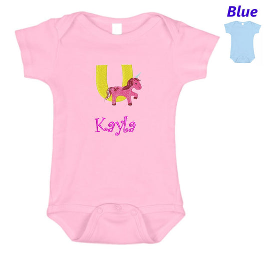 Personalized Baby Onesie Pink Blue Embroidered Letter U Unicorn Newborn One Piece Body Suit Baby Shower Gift Monogrammed Your Baby's Name