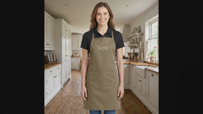 Personalized Extra Long Apron Bib, 3 Large Pockets, Stain Release, Custom Womens Apron, Kitchen Baking, Crafts